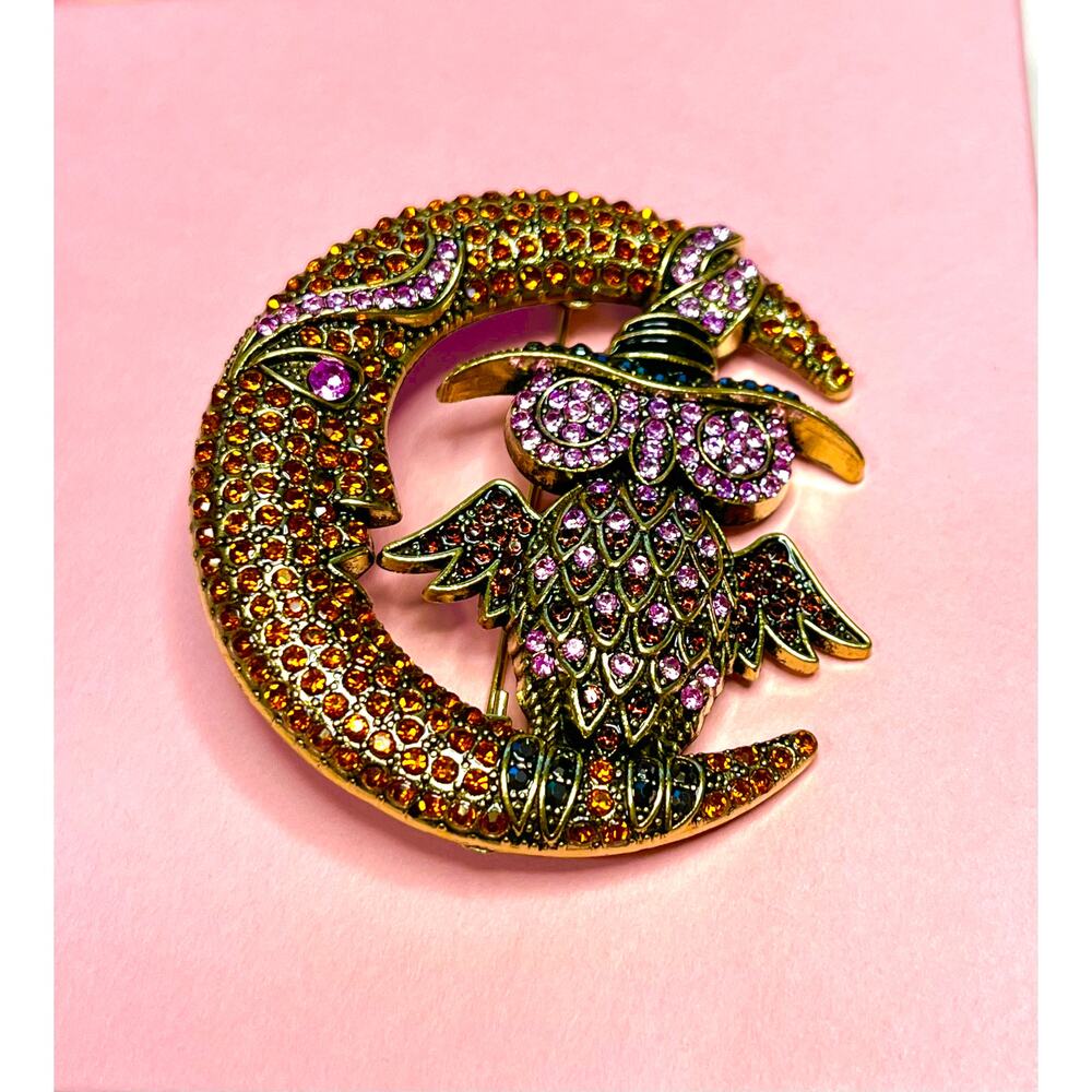 Celestial Mystic Owl Witch on Crescent Moon Rhinestone Brooch Pin